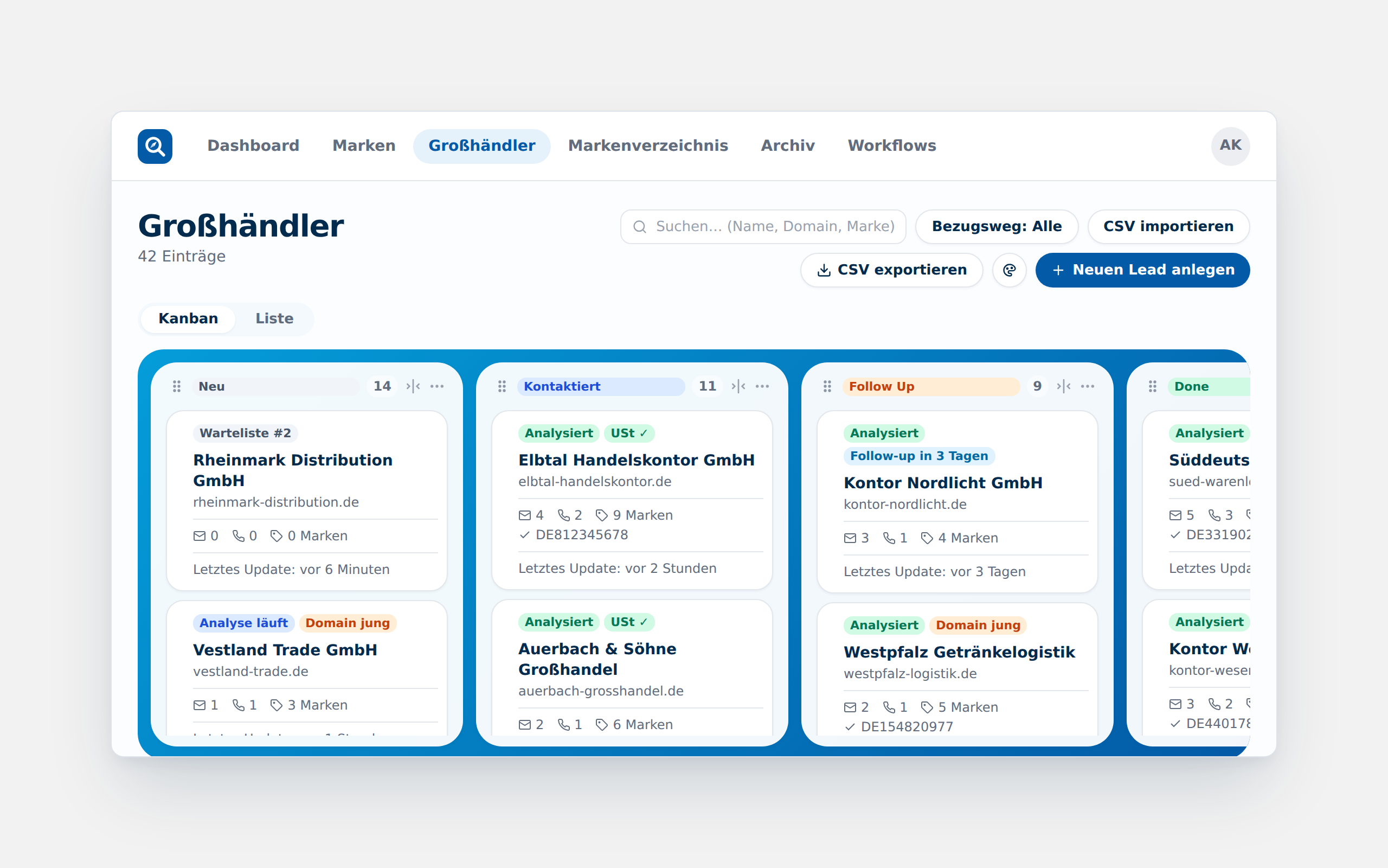 Das Kanban-Board „Großhändler“ mit den Spalten Neu, Kontaktiert, Follow Up und Done und Lead-Karten mit Status-Chips, Kontaktzählern und USt-ID.