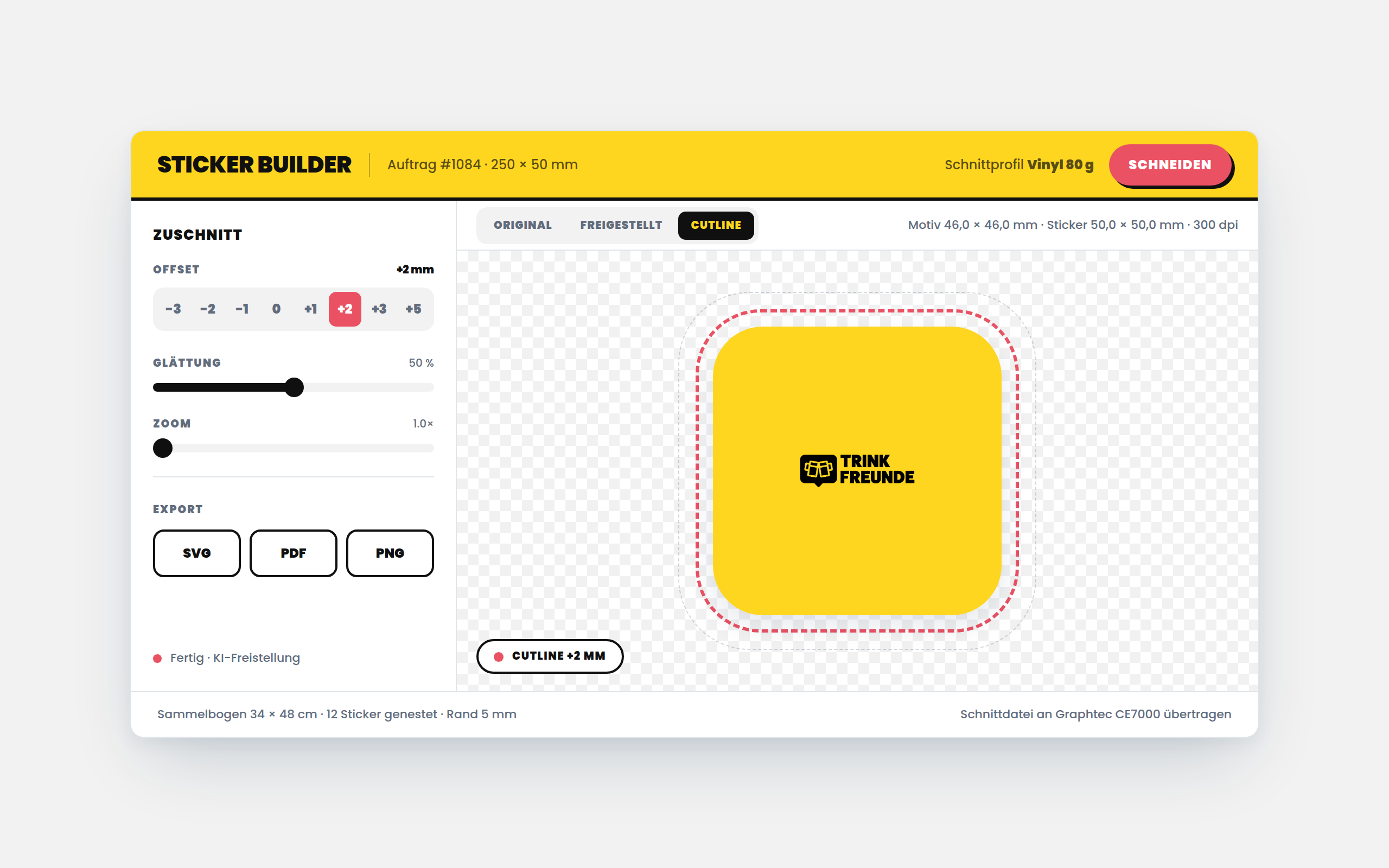 Der Sticker Builder mit dem freigestellten Motiv in der Vorschau, der pinken Cutline im Abstand von zwei Millimetern und den Zuschnitt-Reglern in der linken Spalte.